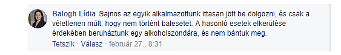 Balogh Lídia Facebook-hozzászólása: azért vásároltak alkoholszondát, mert egy alkalmazott ittasan jött be dolgozni